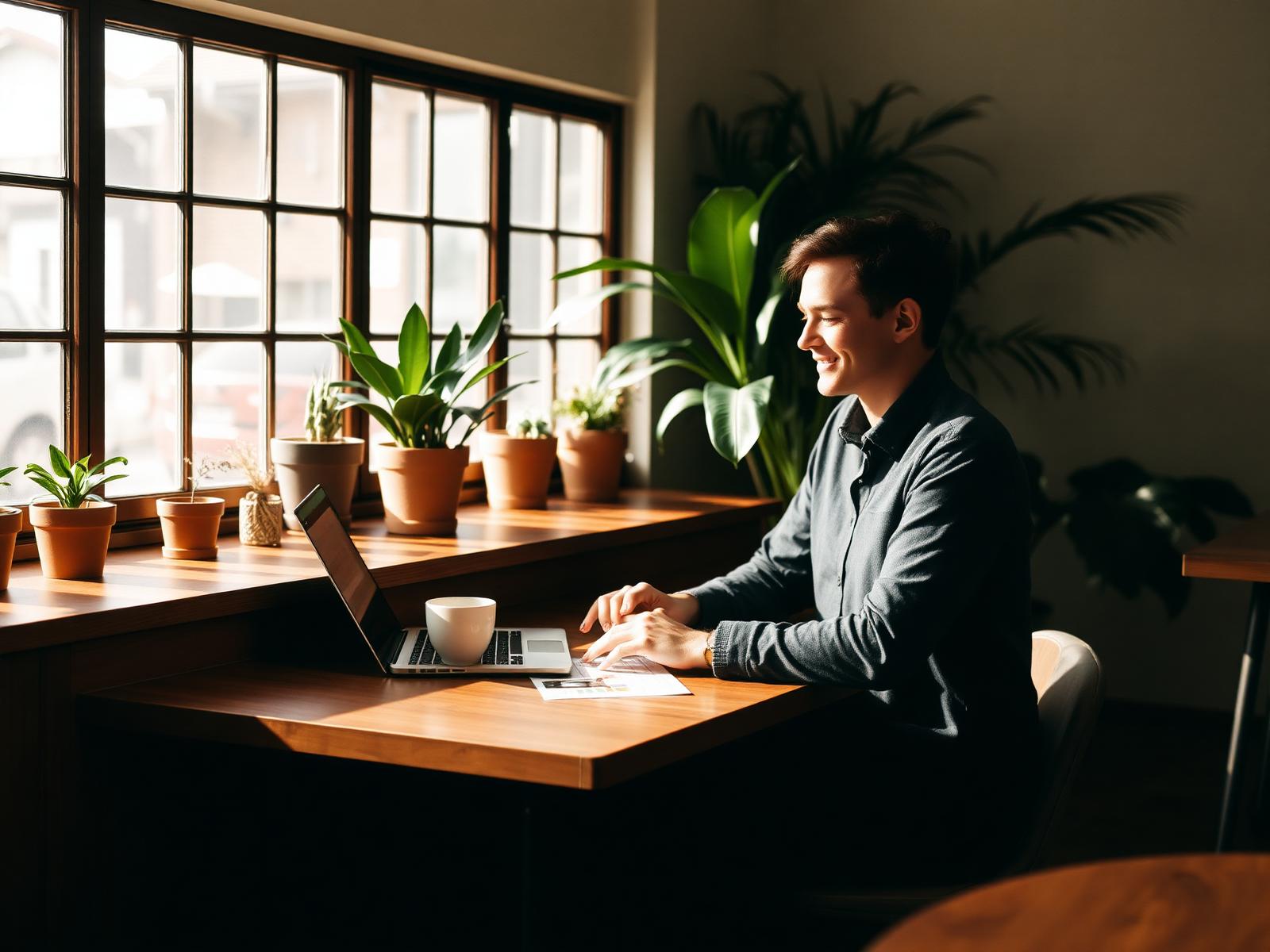 A small business owner working on their finances in a bright New Zealand café